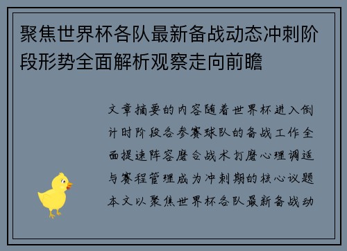 聚焦世界杯各队最新备战动态冲刺阶段形势全面解析观察走向前瞻 聚焦世界杯各队最新备战动态冲刺阶段形势全面解析观察走向前瞻